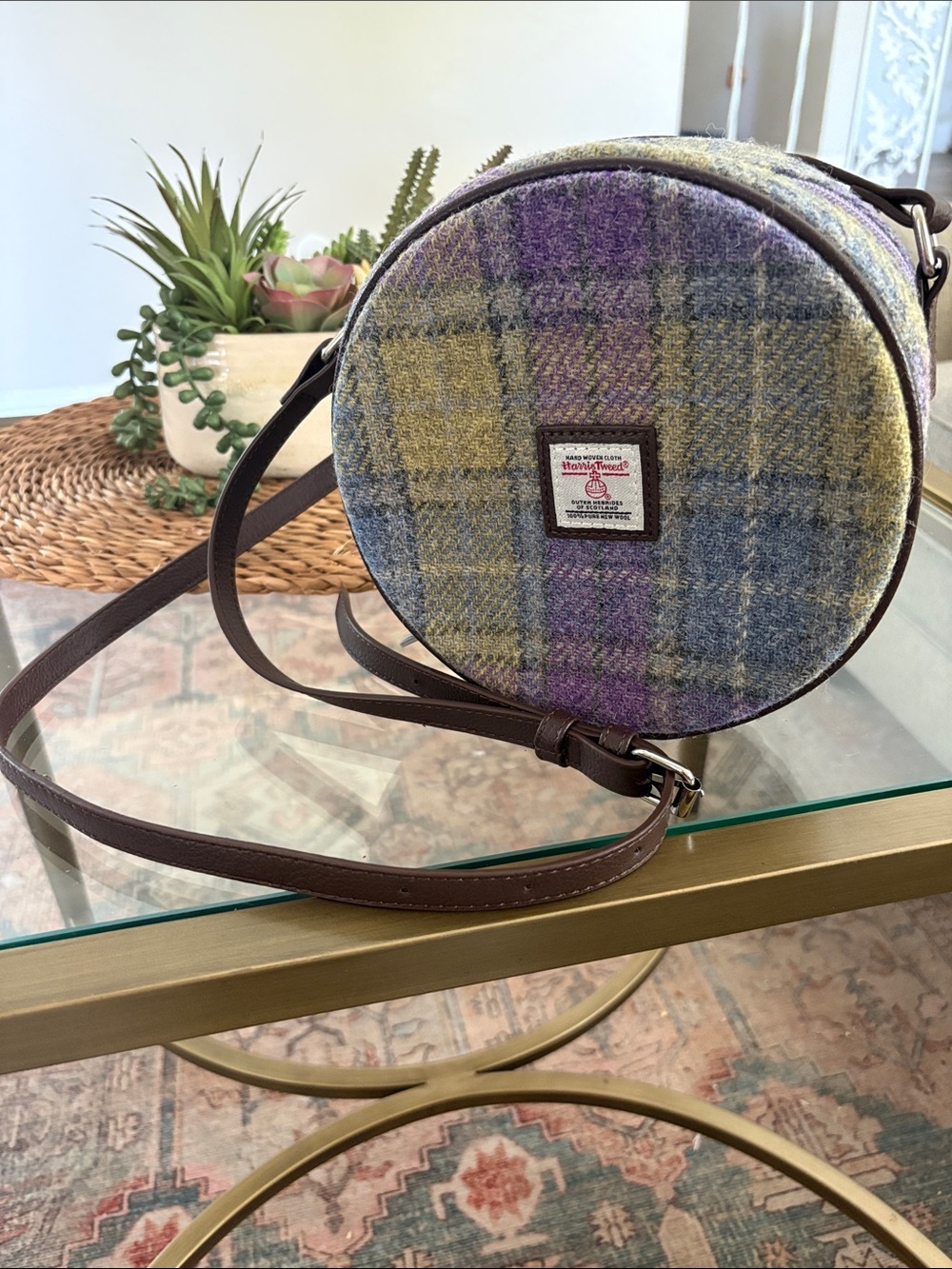 Harris Tweed Purple/Green Plaid Round Crossbody Bag